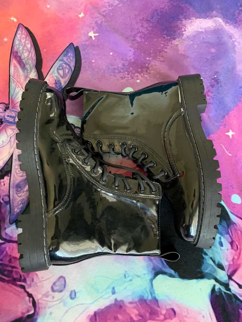 New H&M Size 8 Glossy Black Patent Leather Combat Boots